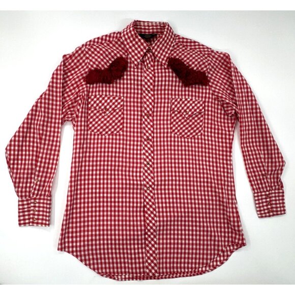 Vintage Sears Western Wear Cowboy Shirt Mens XL Red Rockabilly Pearl Snap Fringe - Picture 1 of 16